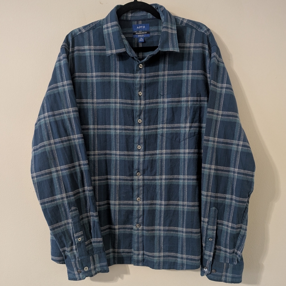 Apt. 9 Button Down Shirt Plaid Blue XXL Standard Fit Untucked Long Sleeve Shirt